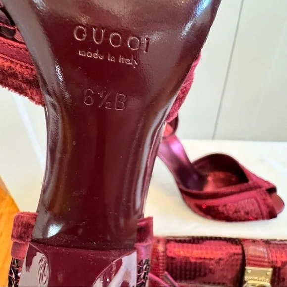 Rare Gucci Broadway Bordeaux Burgundy Velvet Sequins Clutch and Heels Set 6.5 - Picture 14 of 16